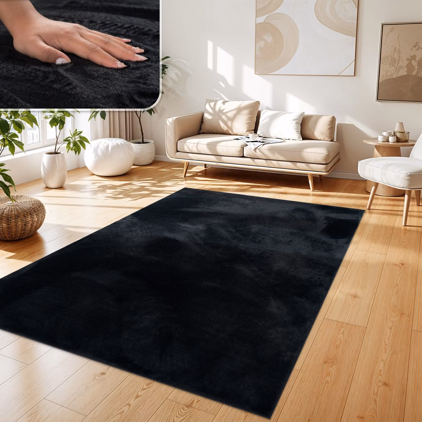 Tappeto rettangolare Solina nero in fibre sintetiche, lavabile e antiscivolo, L: 120 cm x P: 160 cm – 2