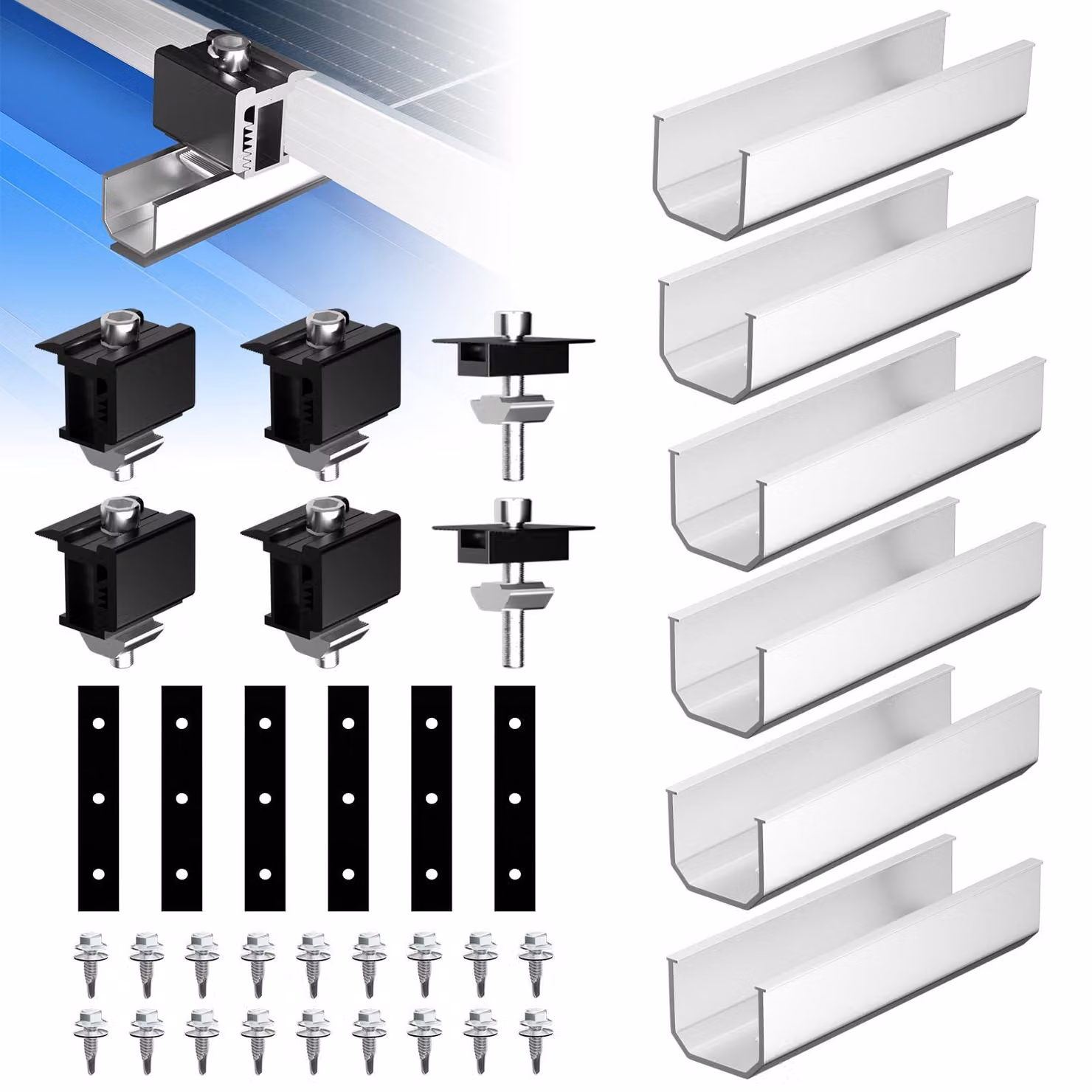 Sistema di montaggio PV per 2 moduli, binario da 12 cm, morsetti neri