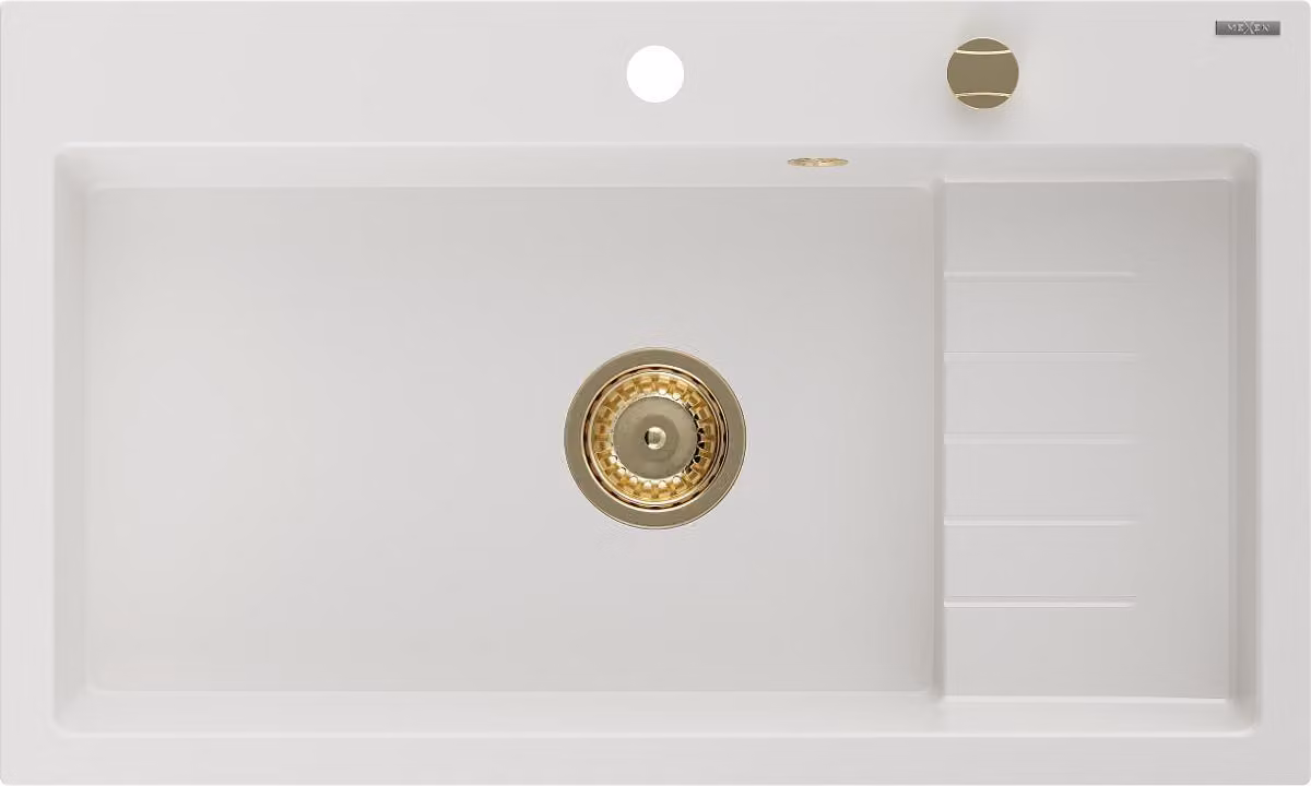 Mexen Omar lavello in granito 1-vasca 800 x 480 mm, bianco, sifone dorato - 6520801005-20-G