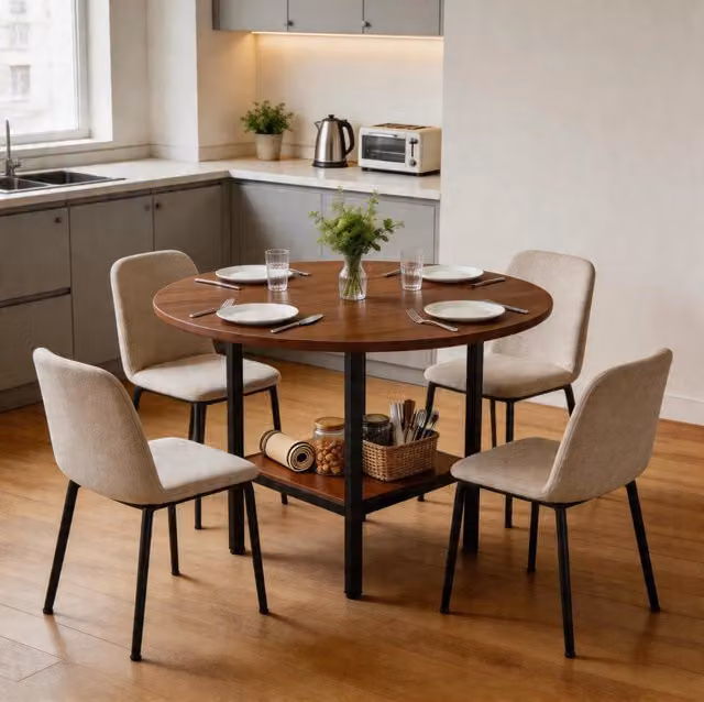 Tavolo rotondo moderno MODFU con ripiano portaoggetti in MDF e metallo, colore marrone e nero, Diametro: 100 cm, Altezza: 77 cm