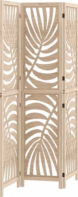 Paravento da interno HOMCOM a 3 pannelli pieghevole in legno con design a foglie, L 120 cm x H 170 cm, Colore Legno/Beige/Marrone