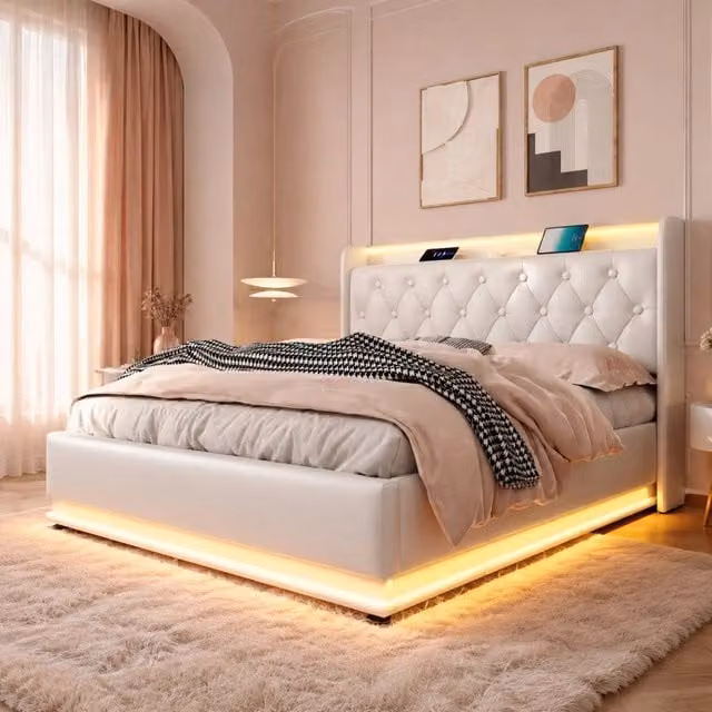 Letto matrimoniale con contenitore; LED 360°; USB e Type-C; 140x200 cm; bianco