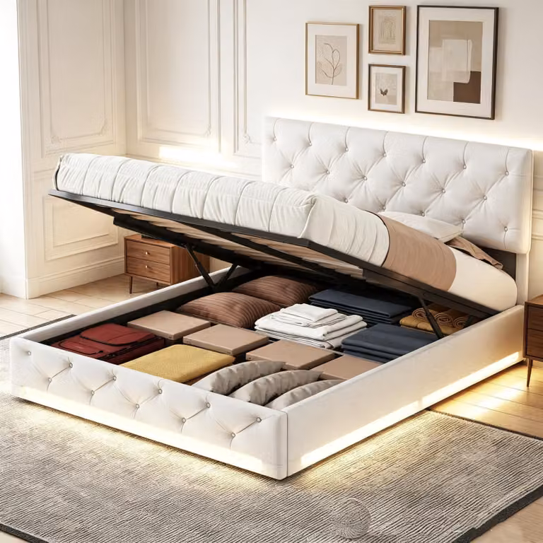 Letto imbottito INONEFT 140x200 cm con LED, letto con spazio contenitore ad apertura idraulica, letto a molle con rete a doghe, color beige