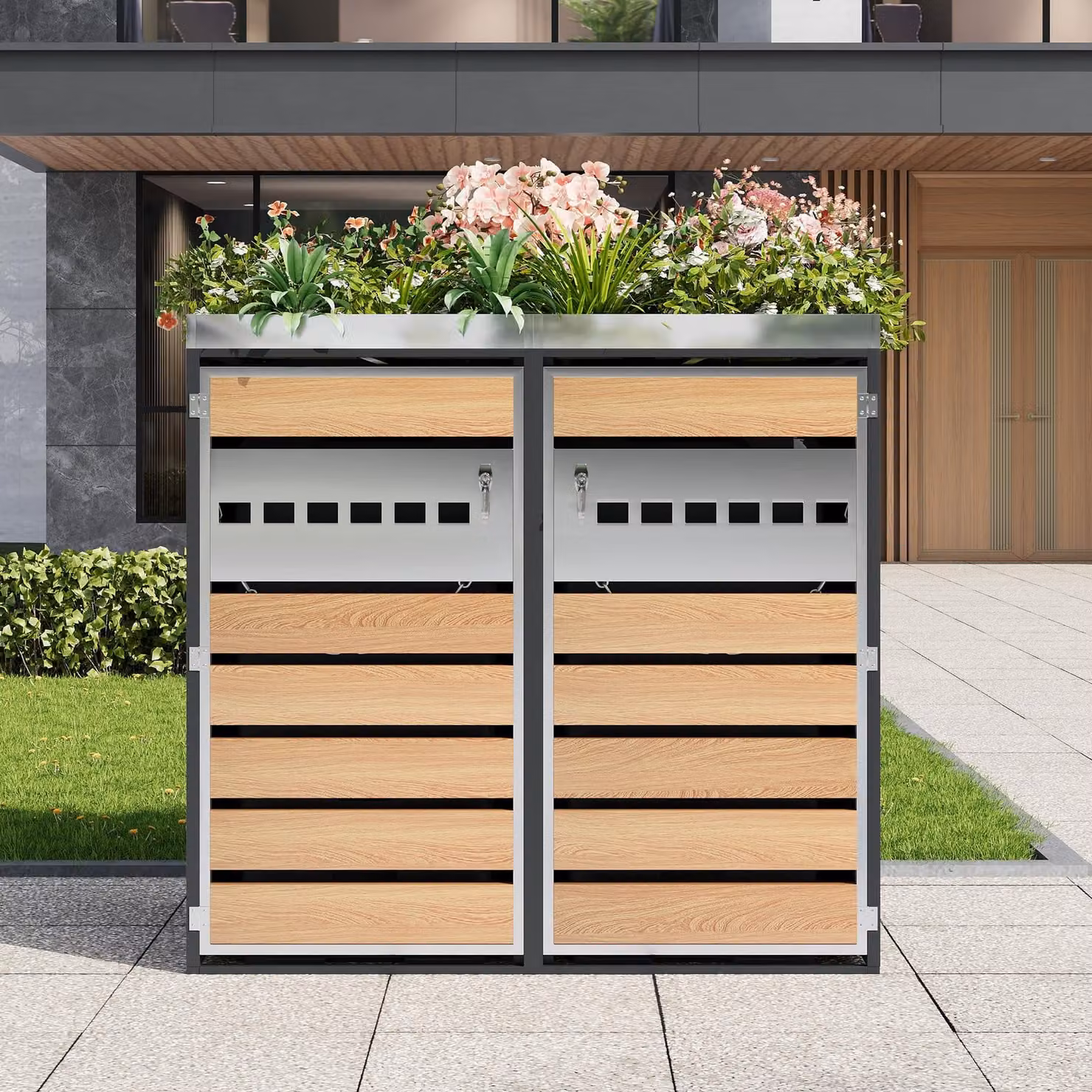 Contenitore per bidoni della spazzatura, adatto per 4 bidoni, con fioriera integrata, 2 scomparti separati, con chiusura a chiave, ventilato, realizzato in acciaio zincato, con finitura effetto legno e colore grigio