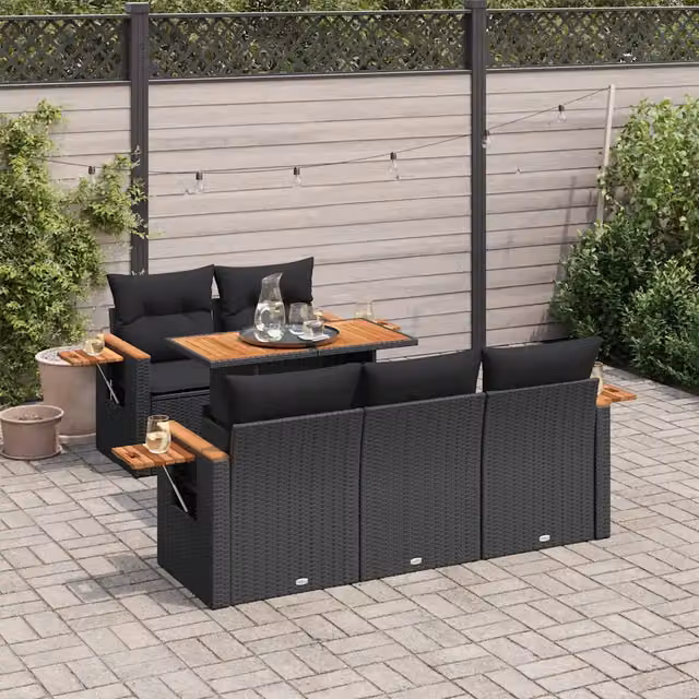 Set Divano da Giardino 6 pz con Cuscini Nero Polyrattan Acacia 3327548