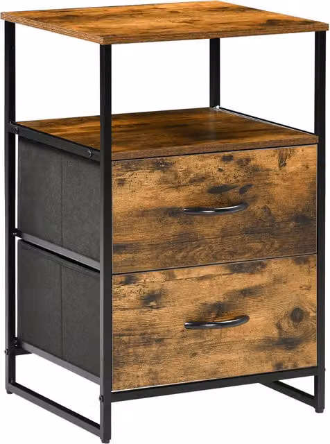 Tavolino da notte HOMCOM in stile industriale con 2 cassetti in tessuto, colore marrone, in legno e metallo - L: 45 cm, P: 40 cm, H: 70,5 cm