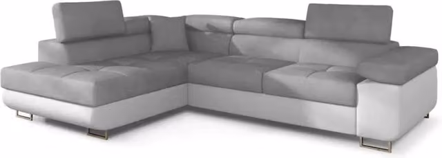 Divano angolare convertibile MENTON MEUBLORAMA in velluto verde, con angolo a sinistra, funzione letto, poggiatesta regolabile e contenitore - L: 272 cm, P: 145 cm, H: 85 cm