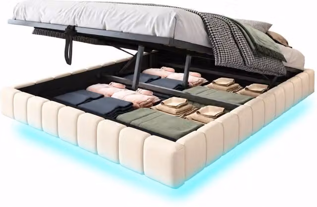 Letto matrimoniale 160x200 cm con contenitore idraulico e LED; beige