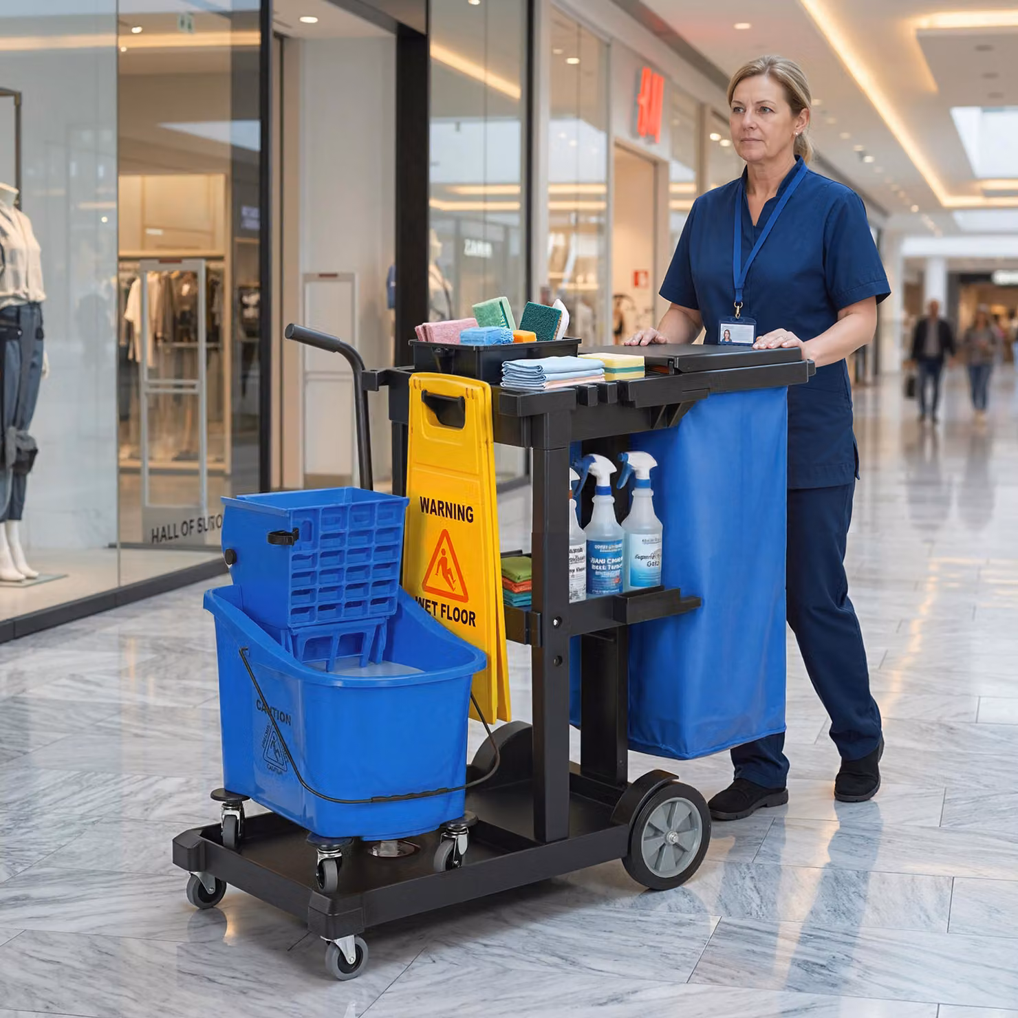 Carrello per pulizie mobile HOMCOM con 3 ripiani, sacco da 70L e secchio con strizzatore, blu – 2