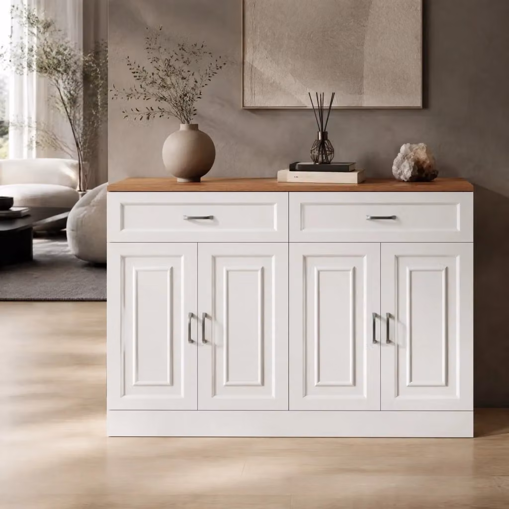 Credenza moderna bianca con 4 ante e 2 cassetti L: 120 cm, P: 35 cm, H: 80,5 cm – 2