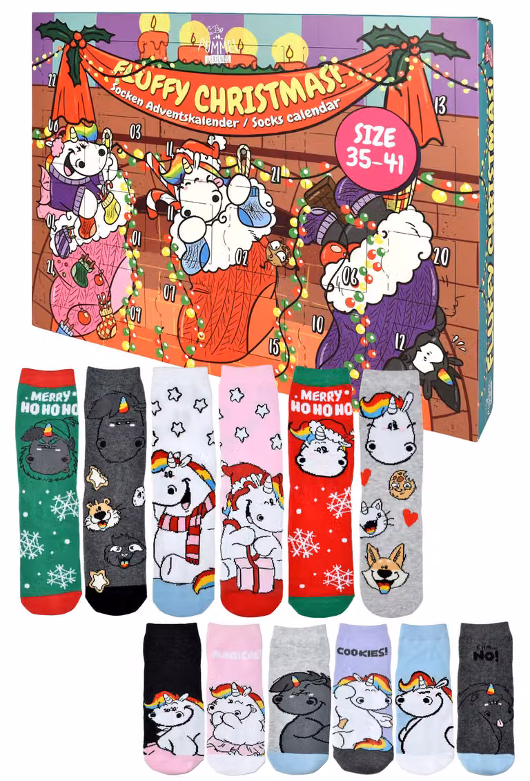 Pummel & Friends Pummeleinhorn Calendario dell'Avvento con 12 paia di calzini taglia 35-41 per donna Calendario di Natale con scarpe da ginnastica e calze lunghe