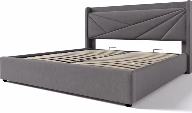 Letto matrimoniale con contenitore e testiera con porta USB Tipo C, struttura in lino 160x200 cm con rete a doghe (senza materasso)