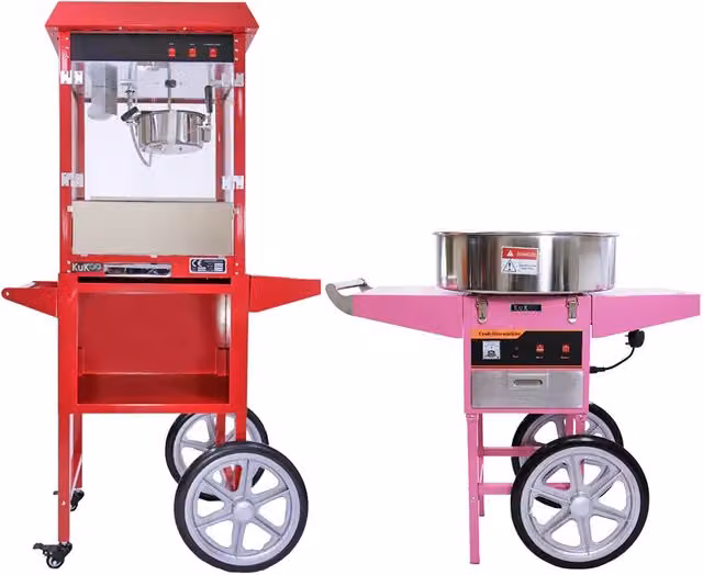 Macchina per Popcorn e Zucchero Filato Professionale Kukoo con Carrellino, Colore Rosso, Funzione Keep Warm e Acciaio Inox