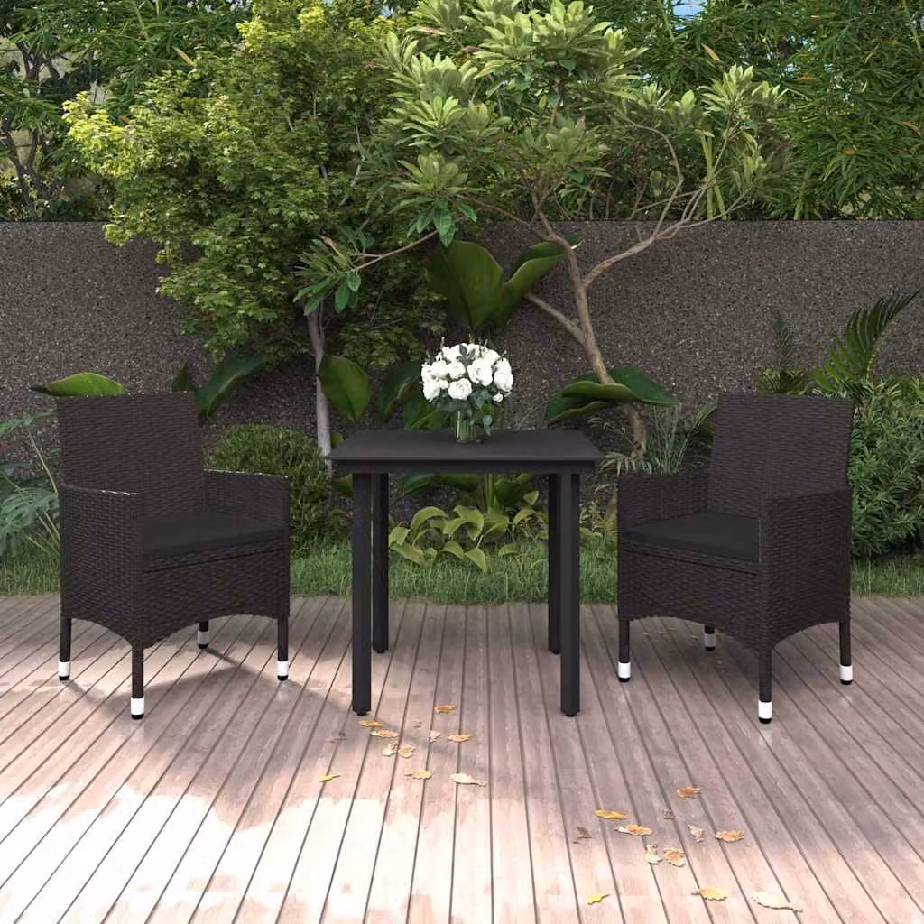Set da pranzo da giardino vidaXL in polyrattan e vetro nero con 3 pezzi e cuscini