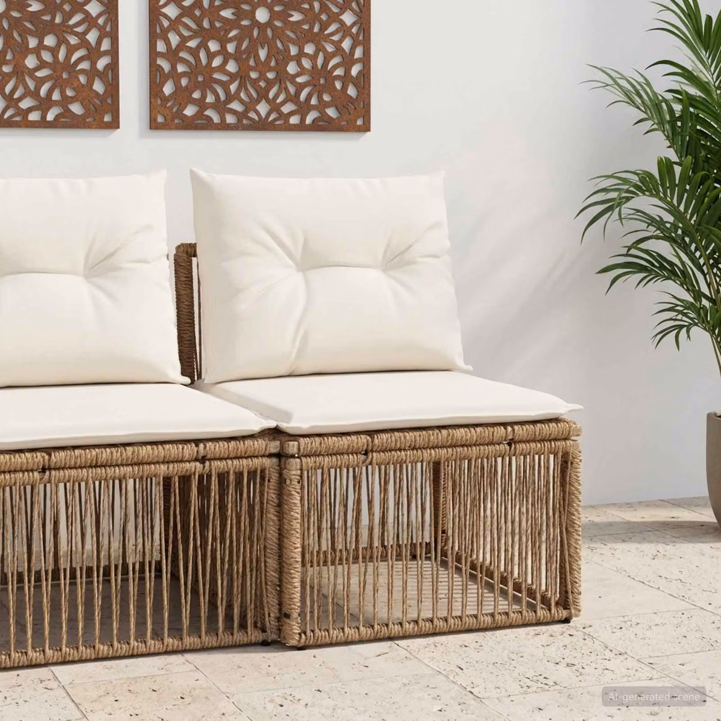 Unità divano senza braccioli vidaXL in polyrattan beige con cuscini imbottiti e coperture rimovibili per giardino e terrazza L/P/H: 70 x 62 x 37 cm