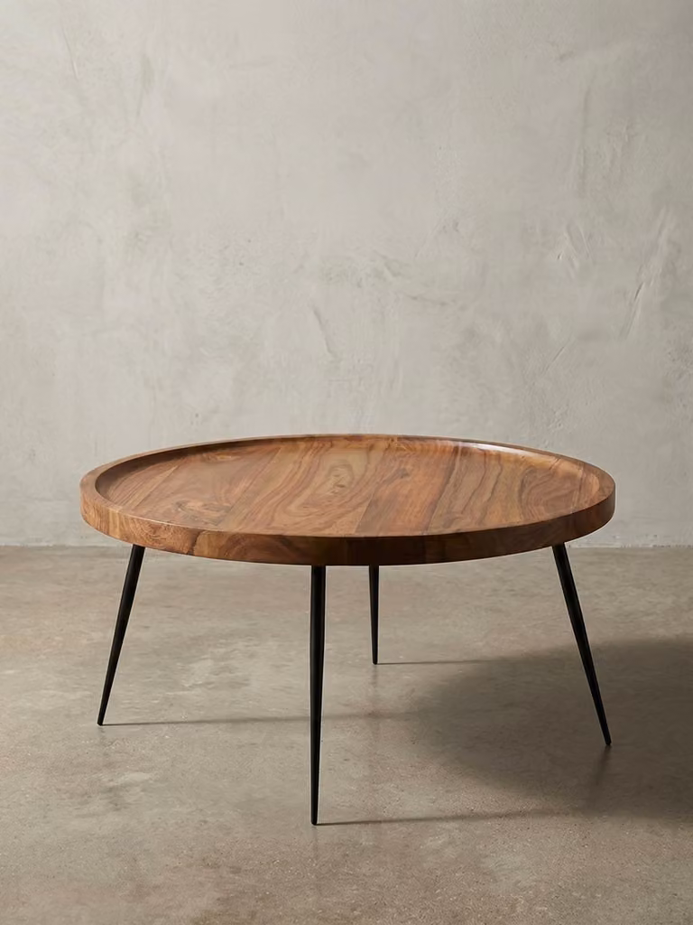 Tavolino WL5.678 75x39x75 cm Legno massello di sheesham / metallo Tavolino da salotto, tavolino da soggiorno di design rotondo, tavolino da salotto retrò marrone, tavolino da caffè di design in legno massello, tavolino da soggiorno