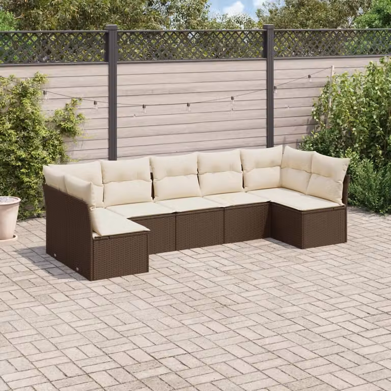 Set di Divani da Giardino vidaXL 7 pz a Forma a L con Cuscini Marrone e Bianco in Polyrattan e Acciaio