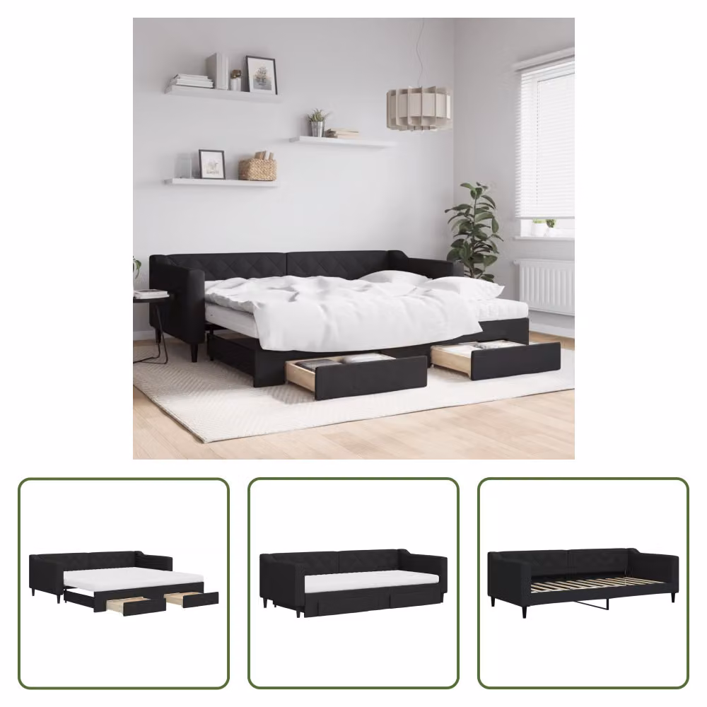The Living Store Letto allungabile con cassetti nero 90x200 cm tessuto