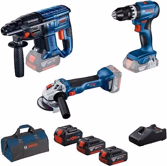Kit 3 utensili Bosch 18V Brushless con 3 batterie da 5Ah e borsa, colore blu