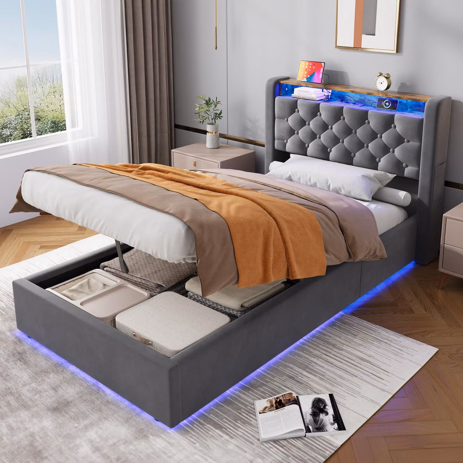 MODFU Letto imbottito 90 x 190 con contenitore, letto per ragazzi con testiera dotata di ripiani, illuminazione a LED e presa di corrente, materasso escluso, grigio scuro
