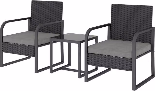 Set salotto da giardino Xylo composto da 2 poltrone in rattan e tavolino con piano in vetro nero