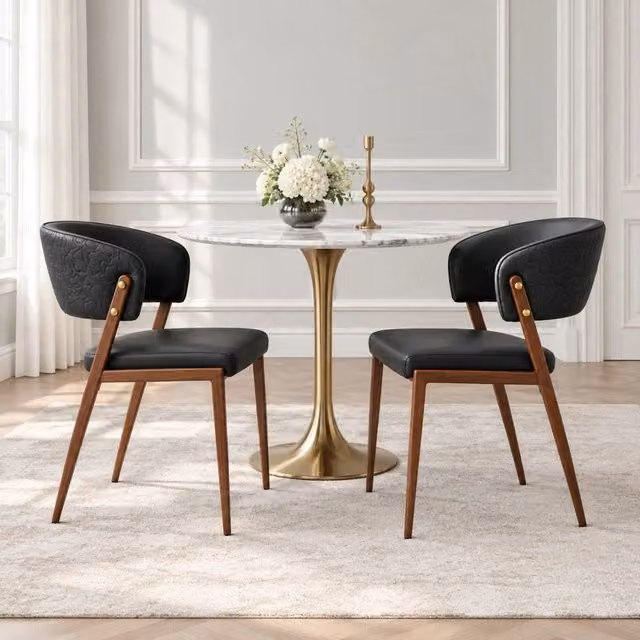 Set 2 sedie da pranzo ULEVR nere in similpelle PU con schienale curvo e gambe in metallo, 78 cm