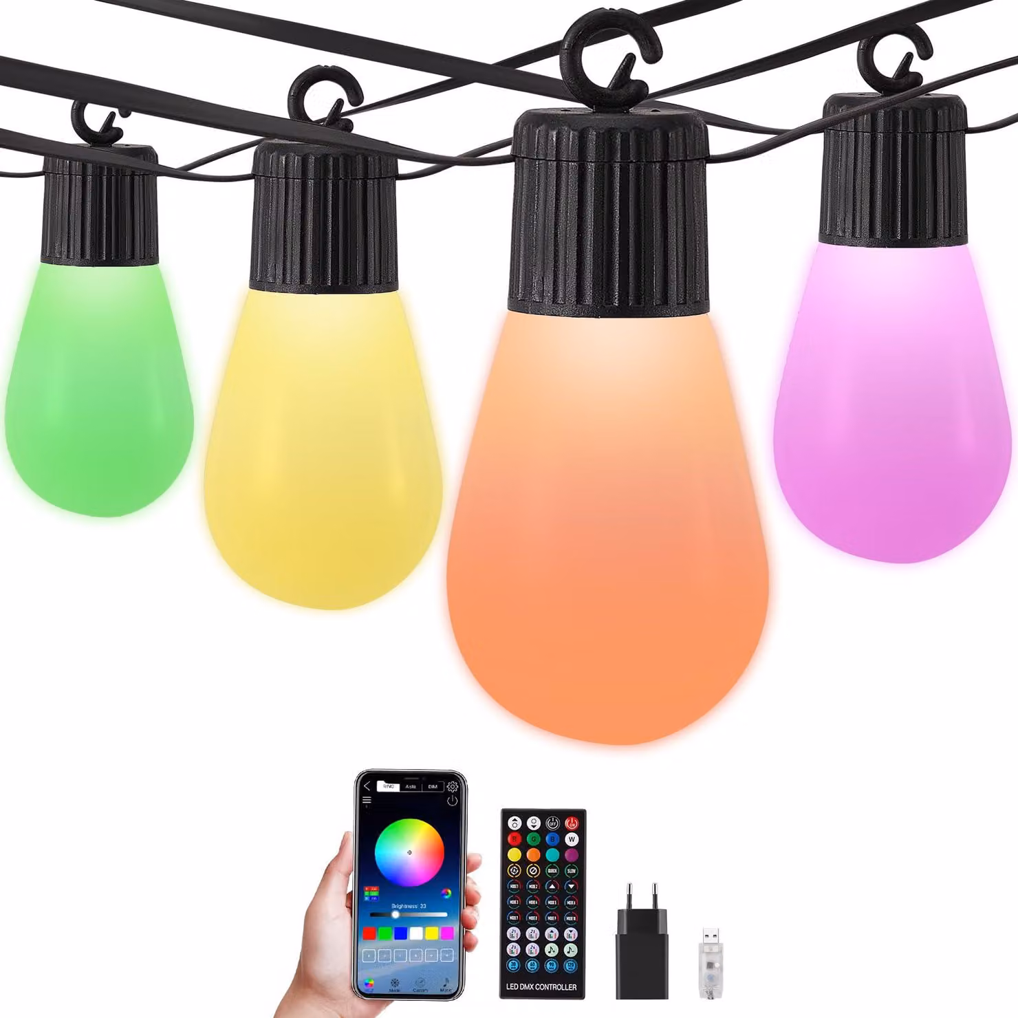 Catena luminosa a LED con 50 sfere colorate, lunghezza 30 metri, grado di protezione IP65, adatta per uso esterno