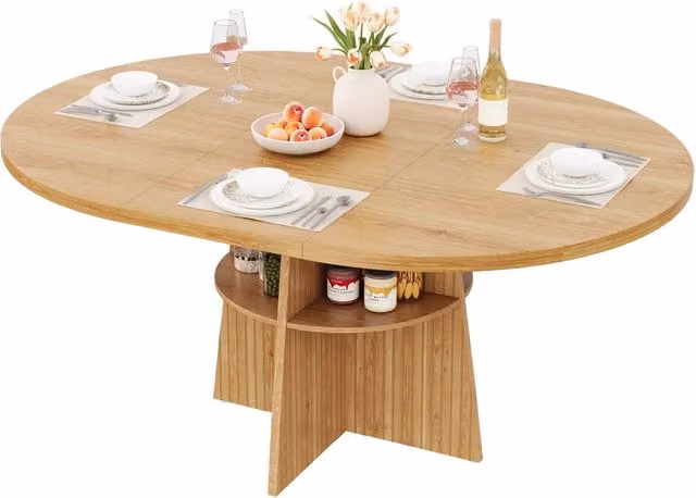Tavolo da pranzo allungabile 110-150x110 cm in MDF naturale con ripiano, per 2-8 persone