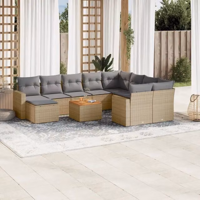 Set Divano da Giardino vidaXL 11 pz in Polyrattan con Cuscini Beige e Grigio a Forma di U