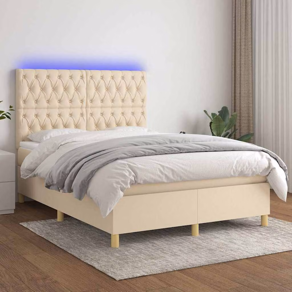 Letto a molle con materasso e illuminazione LED vidaXL in tessuto beige e bianco, L/P/H: 200 x 140 x 60 cm