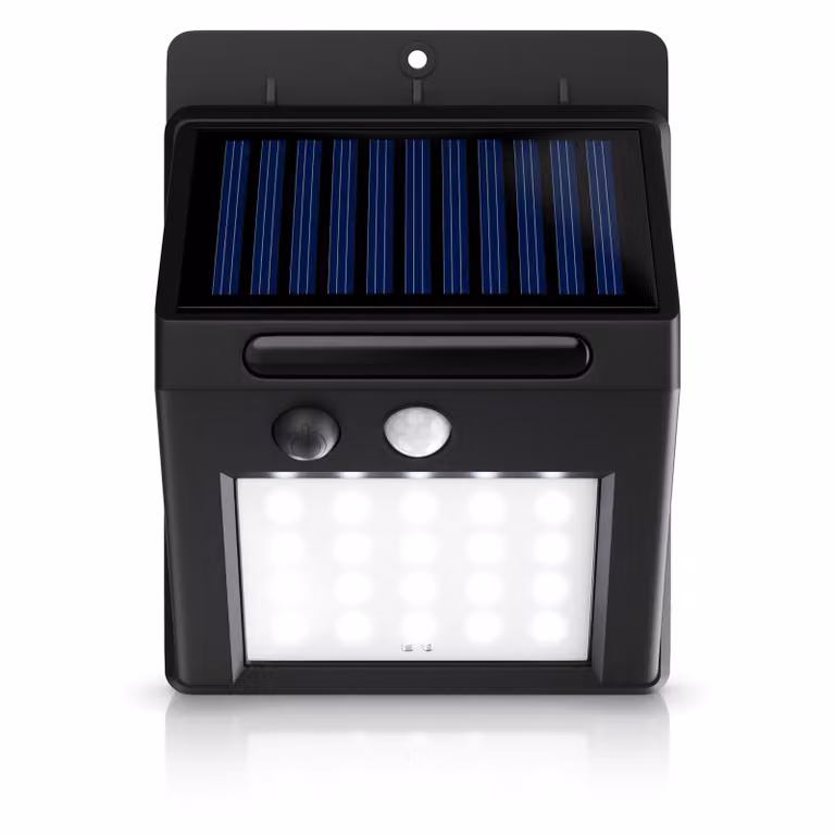 BEARWARE Luce solare a LED, lampada solare per esterni con rilevatore di movimento e batteria ricaricabile da 1200 mAh, IP54, interruttore on/off, LED integrato, bianco freddo, luce da parete, 20 LED SMD, raggio d'azione del sensore fino a 5 m, 250 lumen,