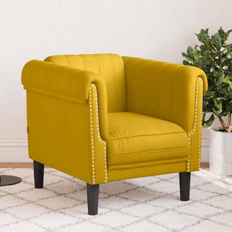 Poltrona moderna vidaXL in velluto giallo con struttura in legno massiccio e braccioli