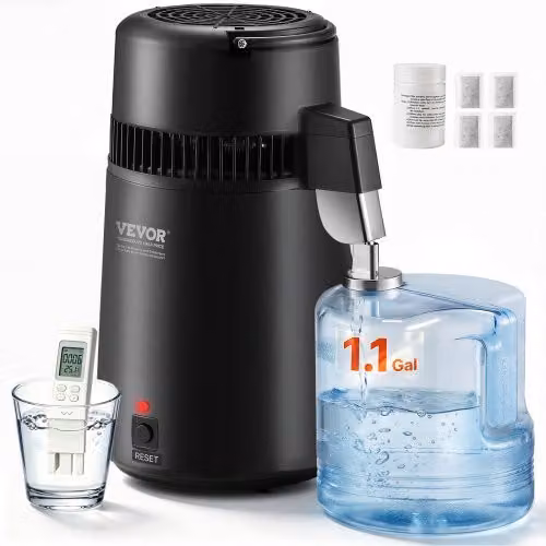 Distillatore d'Acqua Vevor da 4L con Capacità di 1L/h e 750W, Macchina per Purificazione Acqua per Uso Alimentare in Nero con Contenitore in Plastica PBT