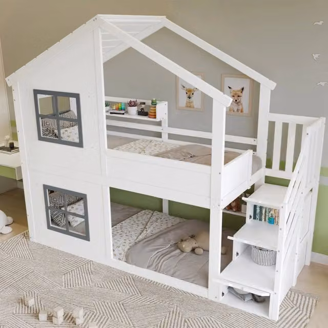 Letto a castello 90 × 200 cm con scala contenitore a tre gradini, finestre e tetto, senza materasso, bianco e grigio