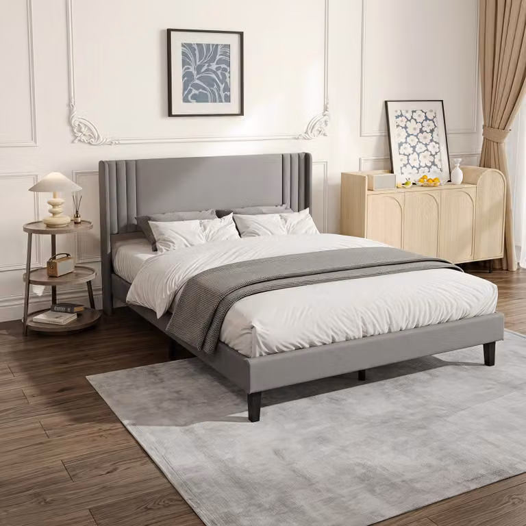 Letto imbottito INONEFT, 140 x 200 cm, letto matrimoniale con testiera imbottita, letto per ragazzi con rete a doghe, senza materasso, tessuto: lino, colore: grigio
