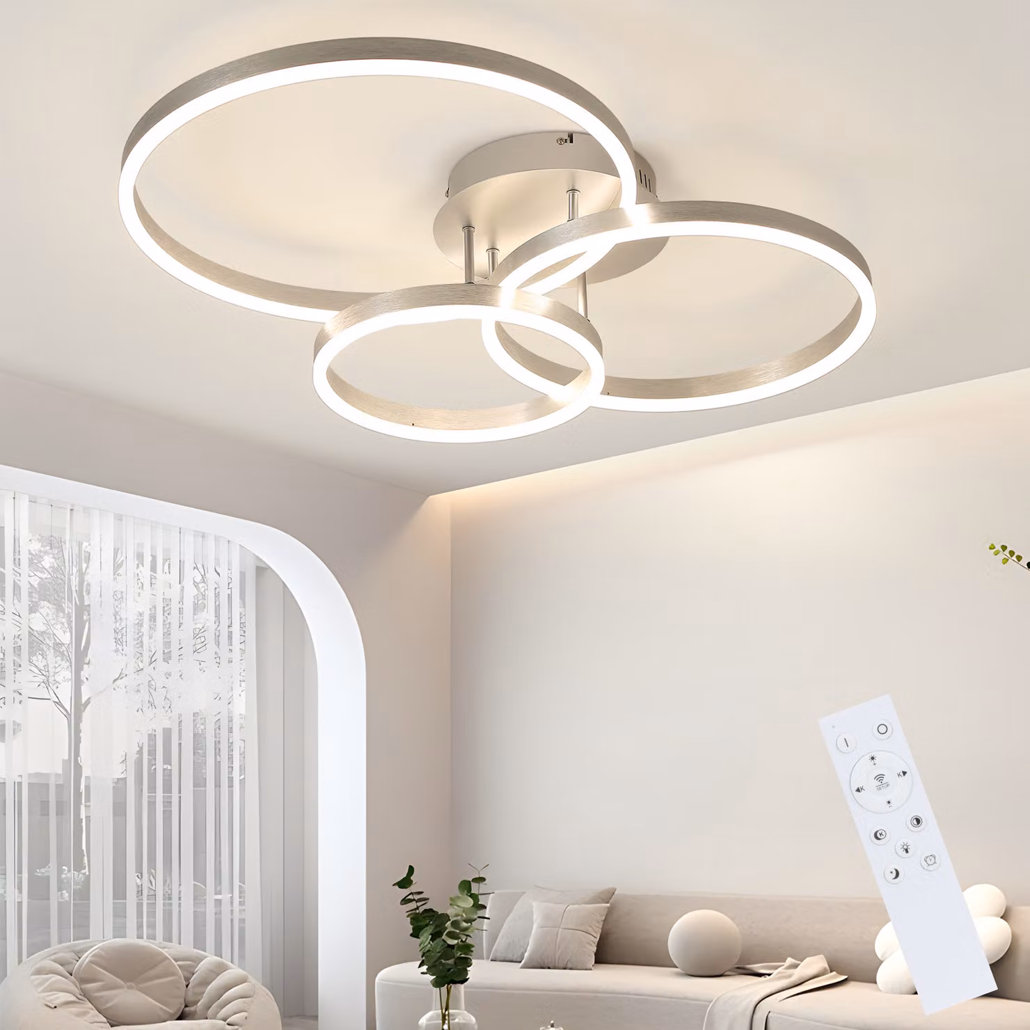 ZMH lampada da soffitto LED soggiorno 82CM moderna dimmerabile argento con telecomando 3 anelli metallica illuminazione per camera da letto cucina