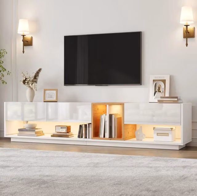 Mobile TV con LED; 190x38x42 cm; effetto lucido; bianco