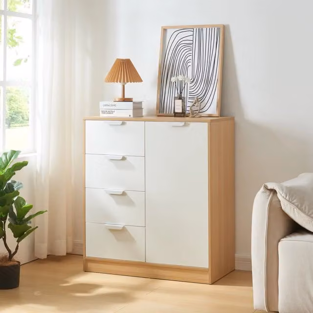 Comò Varkaus en.casa con 4 cassetti e anta, effetto rovere e bianco, L: 90 cm, H: 80 cm, P: 40 cm