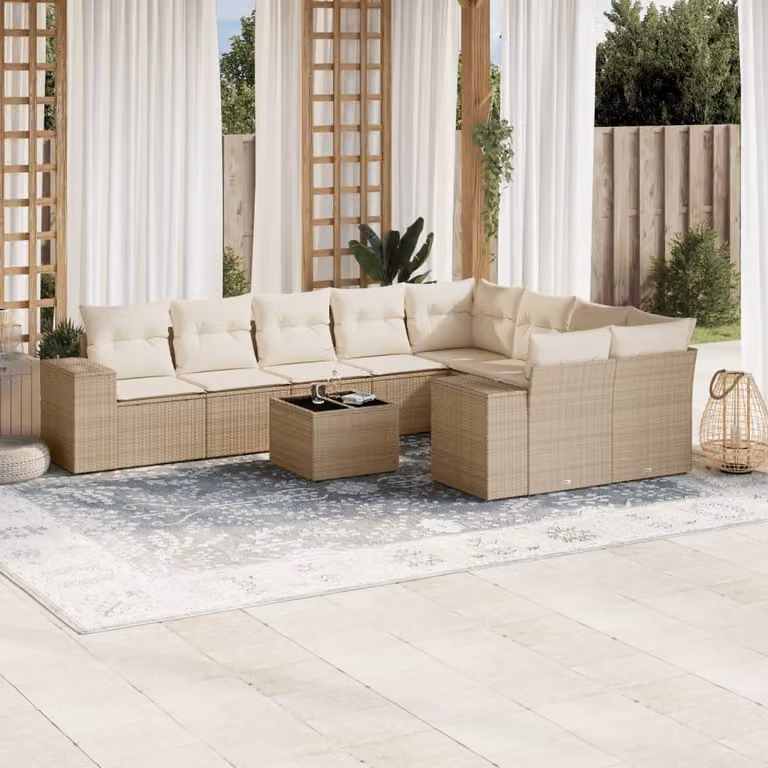 Set Divano da Giardino vidaXL 10 pz con Cuscini Beige e Tavolino, Design Moderno in Polyrattan e Acciaio con Coperture Rimovibili