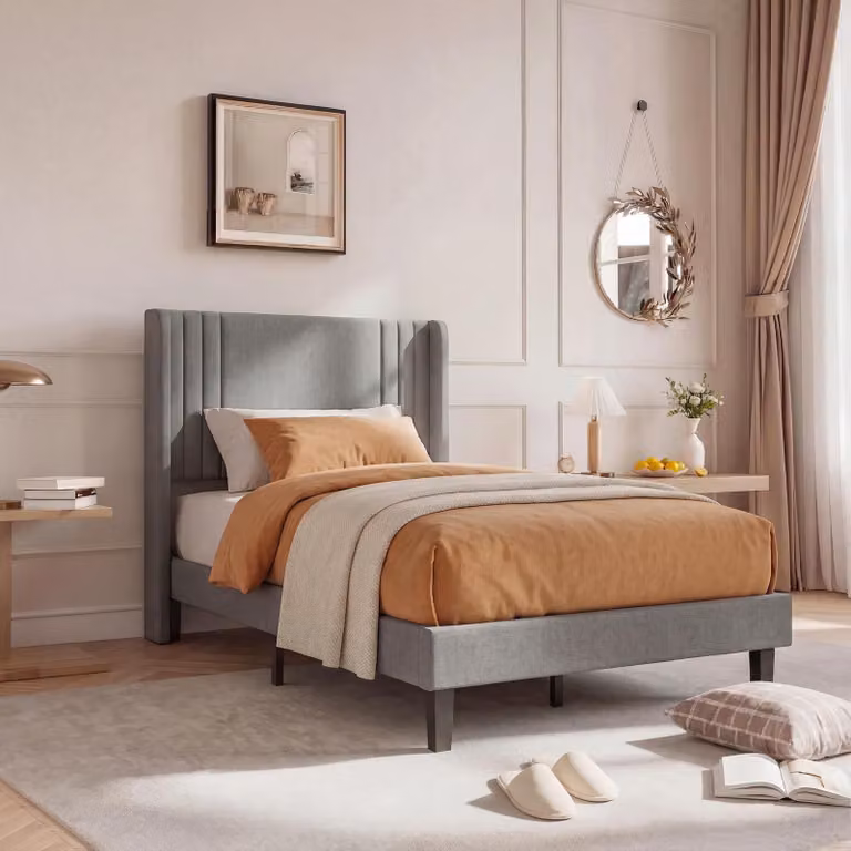 Letto singolo ProximaX 90×200 cm grigio – Letto in tessuto di lino, solida rete a doghe, 15 cm di spazio contenitivo, letto da camera da letto in stile moderno
