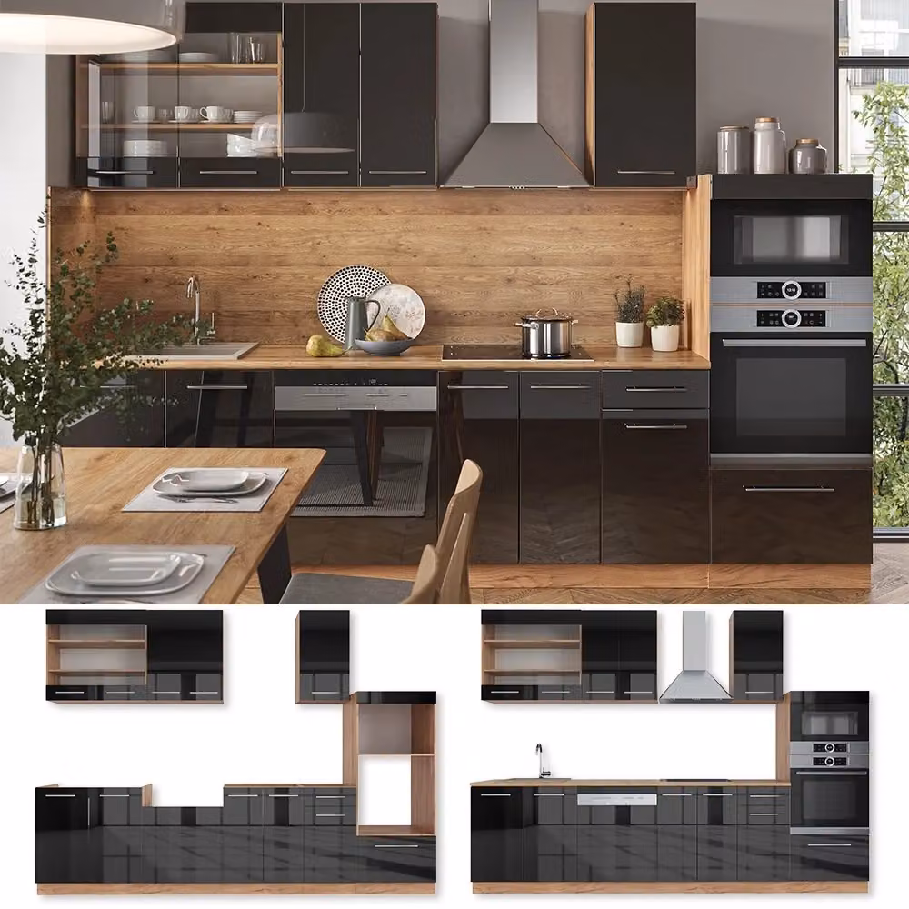 Cucina componibile Vicco Fame-Line Antracite lucido e Rovere dorato con armadio alto, L: 300 cm – 2