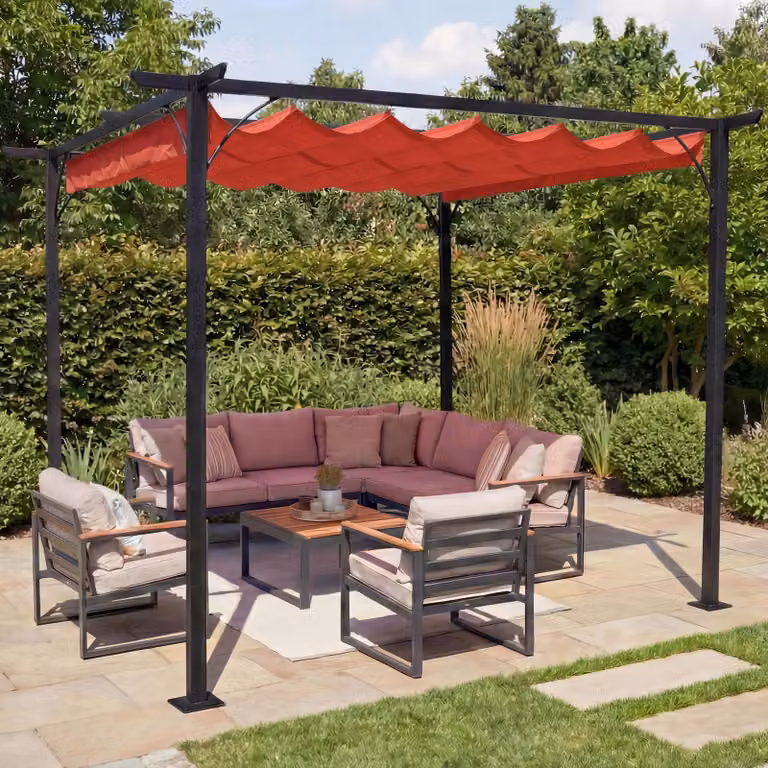 Pergola MCW-C42, gazebo da giardino, struttura stabile da 6 cm + tetto scorrevole ~ 3x3 m terracotta