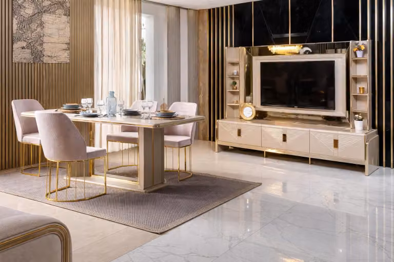 Set per sala da pranzo: tavolo da pranzo, 4 sedie, mobile TV, colore beige, stile moderno, confortevole
