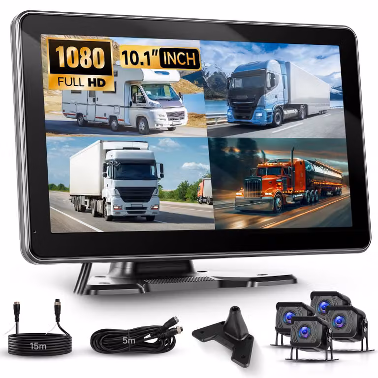 Telecamera per retromarcia, schermo IPS HD da 10,1 pollici, risoluzione 1080P, monitor a colori e 4 telecamere