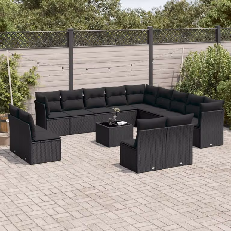 vidaXL Set Divani da Giardino in Polyrattan Nero con Cuscini e Tavolino da Esterno