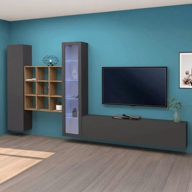 Parete Attrezzata DMORA Arizzano per Soggiorno, Design Moderno con 18 Ripiani e Illuminazione Integrata, L: 310 cm, P: 30 cm, H: 180 cm, Nero Antracite – 1