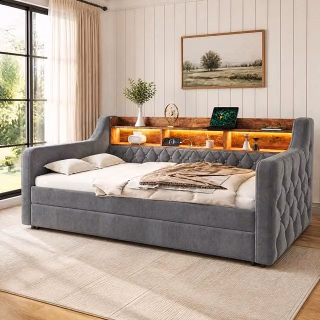 Divano letto estraibile 90x190 cm in velluto grigio scuro con LED; USB-C e vano portaoggetti