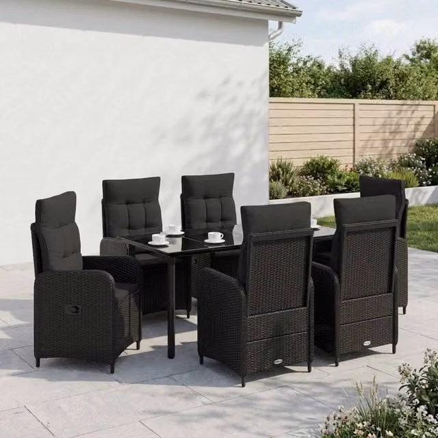 Set da pranzo per giardino e terrazzo vidaXL in polyrattan nero, 7 pezzi