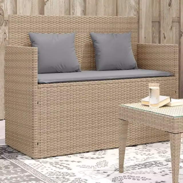 Panca da Giardino con Cuscini-Sgabello-Panca da esterno Beige in Polyrattan 985979