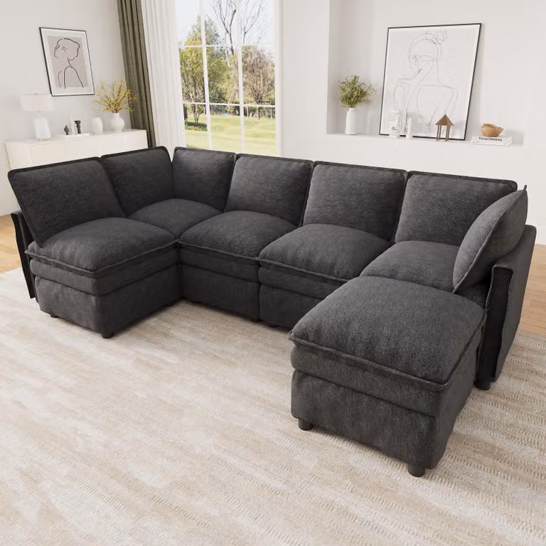 Divano angolare modulare XXL Merax con funzione letto, divano componibile a forma di U/L per 6 persone, rivestito in tessuto effetto velluto "Cloud", con poggiatesta regolabili, ideale per il soggiorno, colore grigio